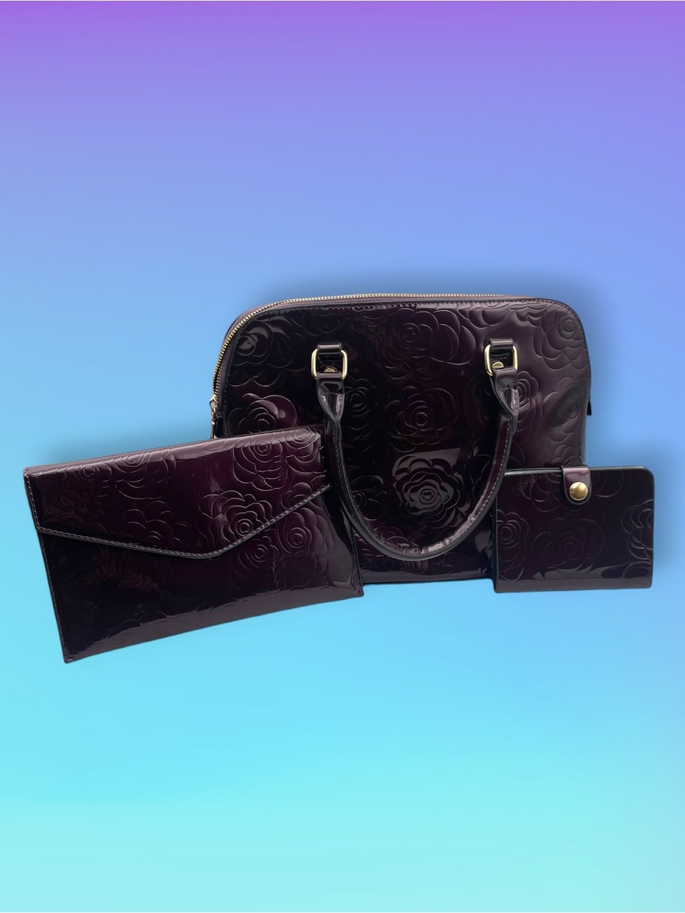 Embossed Dark Plum Patent PU Leather Satchel, ClutchTote pic holder Set